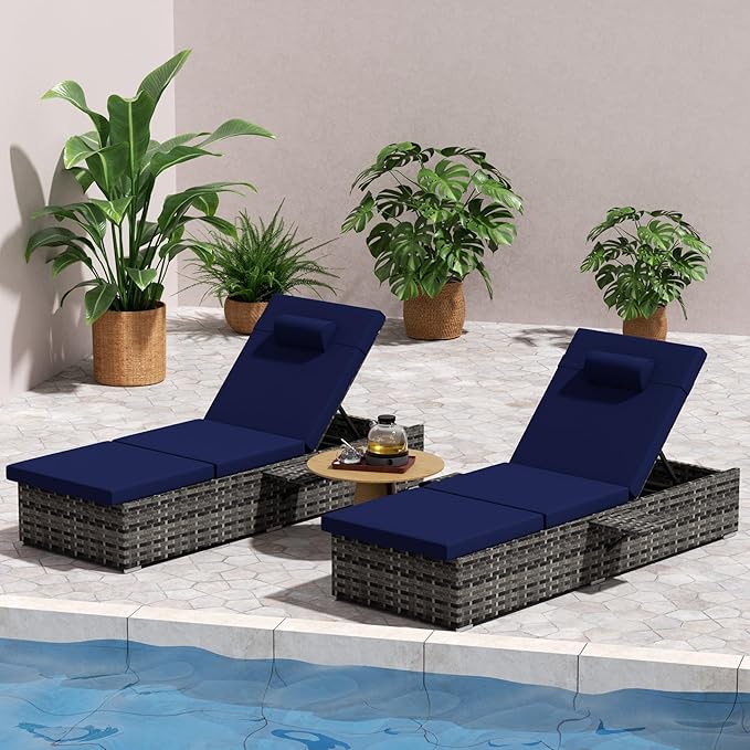 Outdoor Chaise Lounge Chair Set of 2 Wicker Pool Lounge Chairs Tanning Lounges for Outside Lawn Sunbathing Chairs with - Photo 3