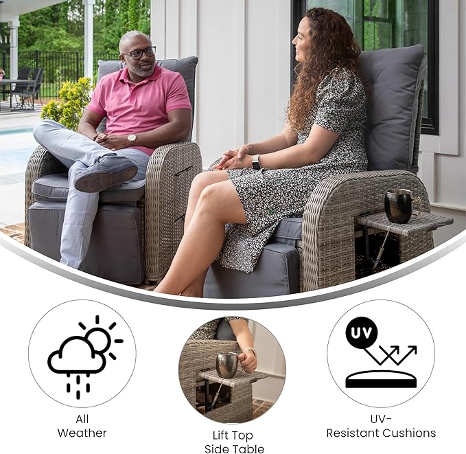 BizChair Indoor/Outdoor Patio Wicker Rattan Recliner Lounge Chair with Flip up Side Table, Gray - Photo 8