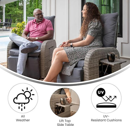 BizChair Indoor/Outdoor Patio Wicker Rattan Recliner Lounge Chair with Flip up Side Table, Gray