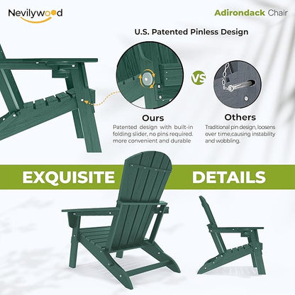 nevilywood Folding Adirondack Chairs Set of 2, All-Weather Fade-Resistant Design with Cup Holders, Great for Patio, Balcony & Outdoor Spaces,Green