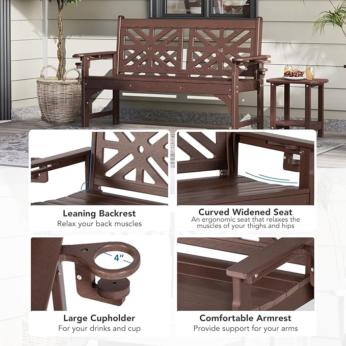 Oversized Outdoor Bench Set of 2, 51.5” HDPE Aesthetic Garden Bench with Cup Holders, Memorial Benches - Easy Assembly & All Weather, for Porch & Patio, 800lbs Load Capacity (Brown)