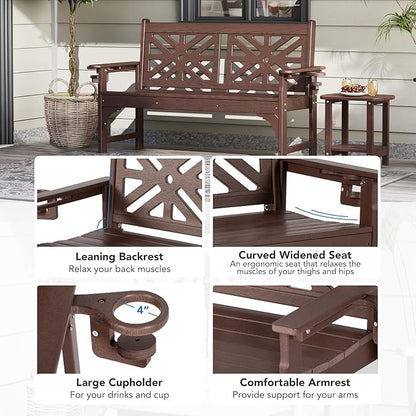 Oversized Outdoor Bench Set of 2, 51.5” HDPE Aesthetic Garden Bench with Cup Holders, Memorial Benches - Easy Assembly & All Weather, for Porch & Patio, 800lbs Load Capacity (Brown)