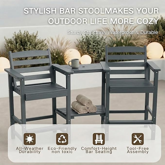 Kingdura Tall Adirondack Chairs Set of 2, Weather Resistant HDPE Bar Height Outdoor Stools with Removable Double Connecting Trays, Wooden Grain for Patio, Balcony, Deck (Grey)