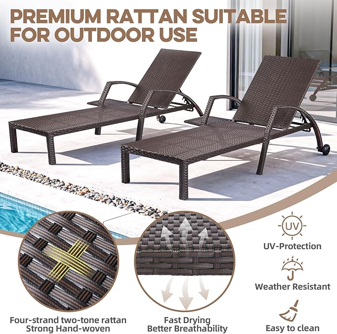 Patio Chaise Lounge Chairs Set of 2 Wicker Pool Lounge Chairs Outdoor with 5 Adjustable Back & Removable Cushion & Tray Tanning Chair Sun Loungers for Patio Poolside Deck Beach