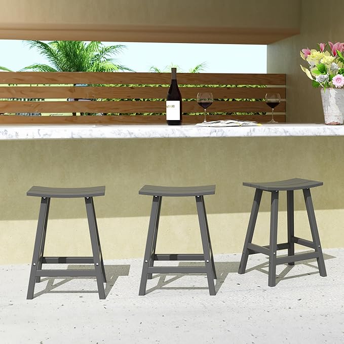 Costaelm All-Weather Bar Stools Set of 3, 24" Height Outdoor Bar Stools, Adirondack Poly Patio Bar Stool for Patio, Deck, Kitchen Counter and Garden, Gray