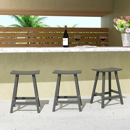 Costaelm All-Weather Bar Stools Set of 3, 24" Height Outdoor Bar Stools, Adirondack Poly Patio Bar Stool for Patio, Deck, Kitchen Counter and Garden, Gray