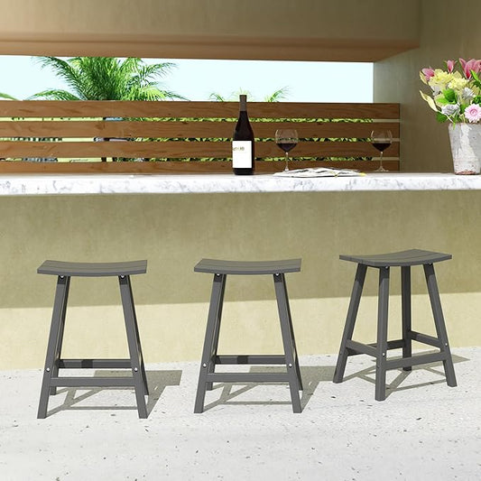 Costaelm All-Weather Bar Stools Set of 3, 24" Height Outdoor Bar Stools, Adirondack Poly Patio Bar Stool for Patio, Deck, Kitchen Counter and Garden, Gray
