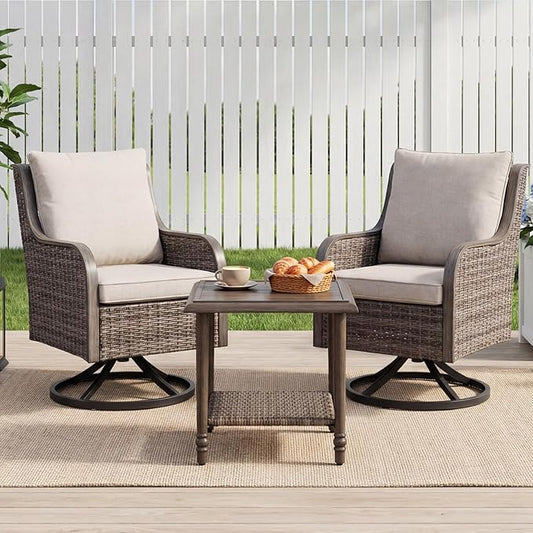 Loungewave Swivel PE Wicker Chairs, 3 Piece Patio Furniture Set, Outdoor Swivel Chairs Set of 2 with Rattan&Metal Side Table, Outdoor Furniture Set for Porch Balcony Garden Poolside (Brown/Beige)