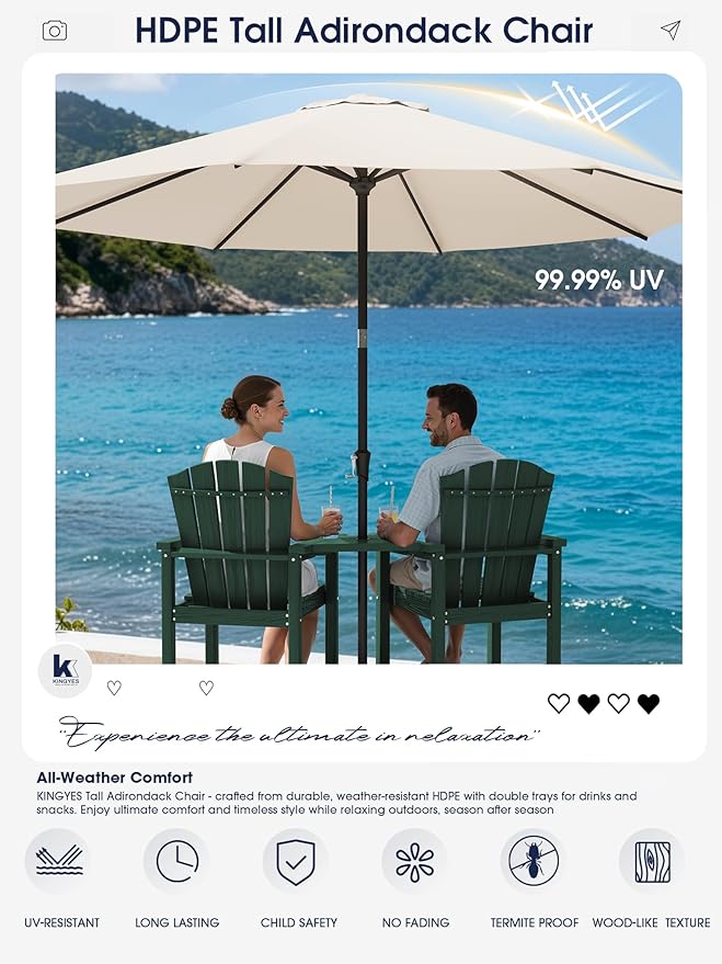 KINGYES Tall Adirondack Chair Set of 2 with 9FT Umbrella - Photo 7