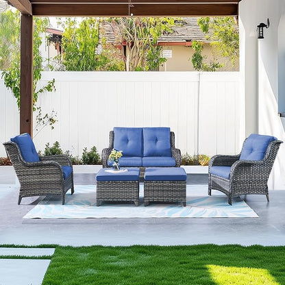 Belord Outdoor Wicker Furniture 5 Pieces Patio Furniture Set Patio Wicker Chairs with Ottomans Conversation Set for Porch Garden Deck Balcony Poolside