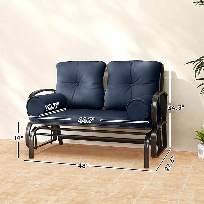 Outsunny Swing Glider Rocking Chair, Double Patio Bench, 2 Person Loveseat with Steel Frame, Cushions, Pillow Armrests, Blue
