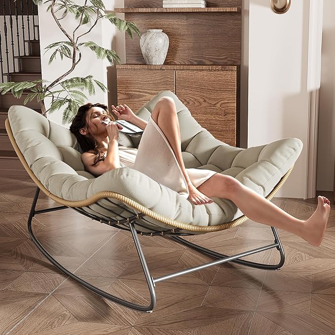 Outdoor Rocking Chair, 2 PCS Indoor Papasan Chairs, Oversized Egg Rocking Chair with Thick Cushion, Rattan Wicker Rocker Lounge Chair for Bedroom, Living Room, Patio, Garden, Porch (Light Grey)