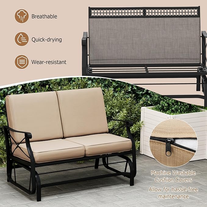 Giantex 2-Person Outdoor Glider, Rocking Chair Loveseat with Detachable Thick Cushions, Metal Frame, 660Lbs Capacity, Outside Swing Chair, Loveseat, Patio Glider Bench for Porch, Garden, Yard (Brown)