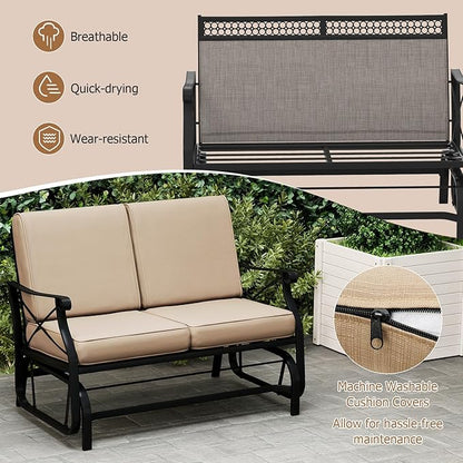 Giantex 2-Person Outdoor Glider, Rocking Chair Loveseat with Detachable Thick Cushions, Metal Frame, 660Lbs Capacity, Outside Swing Chair, Loveseat, Patio Glider Bench for Porch, Garden, Yard (Brown)