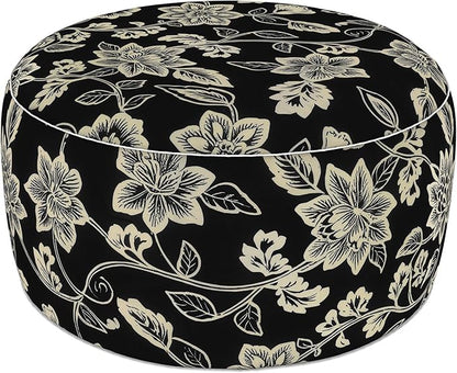 LVTXIII Indoor/Outdoor Extra Large Inflatable Ottoman Pouf D31 x H14 Inch, Round Footstool with Handle, Weather-Resistant Portable Furniture for Patio, Camping, Beach, Elegant Vines Black