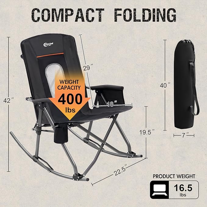 PORTAL Oversized Folding Rocking Camping Chair Portable Outdoor Rocker with High Back Hard Armrests Carry Bag, Supports 400 lbs