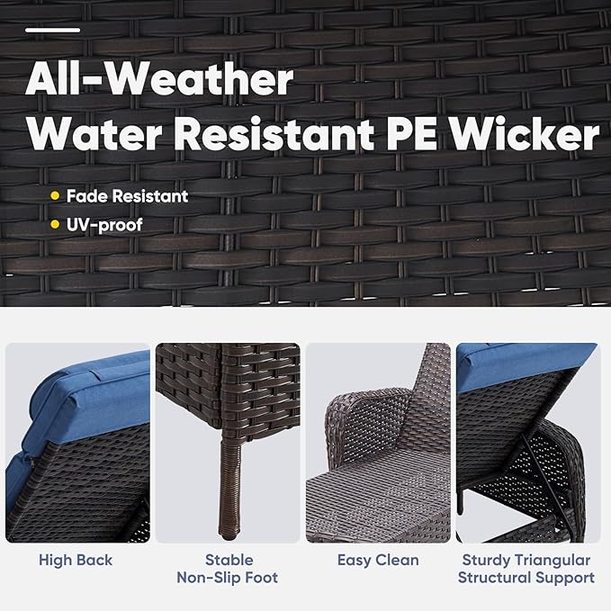 Belord Wicker Outdoor Chaise Lounge Patio Recliner - 75 Inch Adjustable Chaise Lounge with Soft Pillow Removable Cushions, All Weather Rattan Pool Lounge Chair for Poolside Deck Brown/Blue