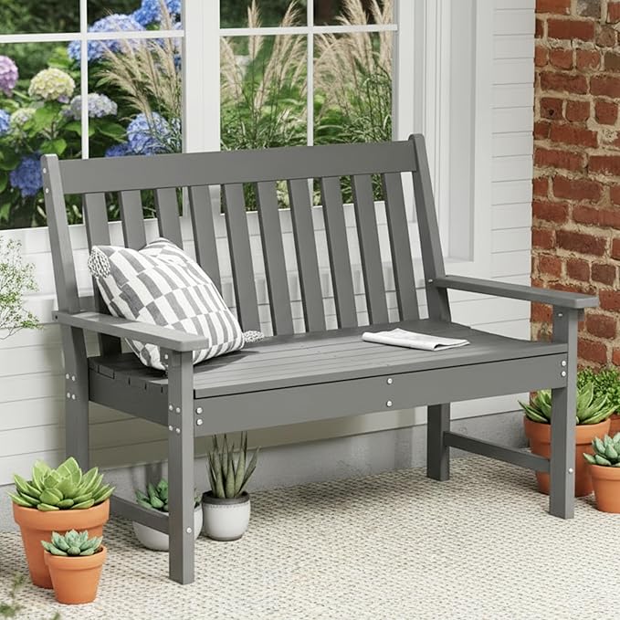 Tangkula HDPE Outdoor Garden Bench with Backrest, 2-Person All-Weather Patio Loveseat Chair with Slatted Seat, 705 lbs Weight Capacity, Patio Benches for Balcony, Garden, Porch, Backyard & Park, Grey