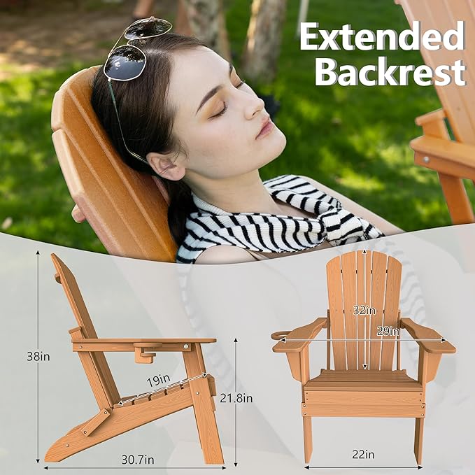 Plawdlik Folding Adirondack Chair, SGS Tested, Wooden Textured with Cup Holder, Heavy All-Weather HDPE Comfortable Set Poolside Backyard Lawn Teak