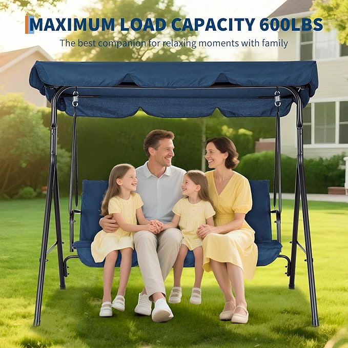 Porch Swing Chair with Adjustable Canopy for Adults 3-Seat Patio Glider Bench with Thick Cushions Steel Frame Outdoor Swing Chair for Backyard Lawn Garden Blue