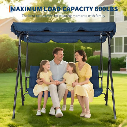 Porch Swing Chair with Adjustable Canopy for Adults 3-Seat Patio Glider Bench with Thick Cushions Steel Frame Outdoor Swing Chair for Backyard Lawn Garden Blue