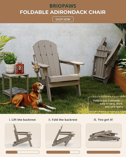 BRIOPAWS Folding-Adirondack-Chairs Set of 4 | HDPE | Wood Grain | Fire Pit Chair | Cup Holder | Weather Resistance | for Outdoor Backyard Deck Patio