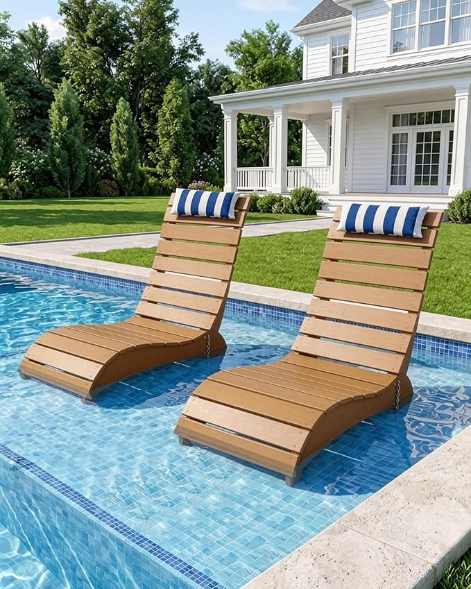 Pool Lounge Chairs, HDPE Adjustable Chaise Chairs with Headrest, Weighted Fade-Resistant Pool Chairs and Lounger for Baja Ledge，Poolside and Deck, Teak