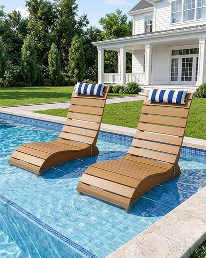 Pool Lounge Chairs Set of 2, HDPE Adjustable Chaise Chairs with Headrest, Weighted Fade-Resistant Pool Chairs and Lounger for Baja Ledge，Poolside and Deck, Teak