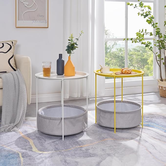 VECELO Round Side/End Table with Fabric Storage Basket，Metal Anti-Rust and Waterproof Small Bedside Nightstand with - Photo 6