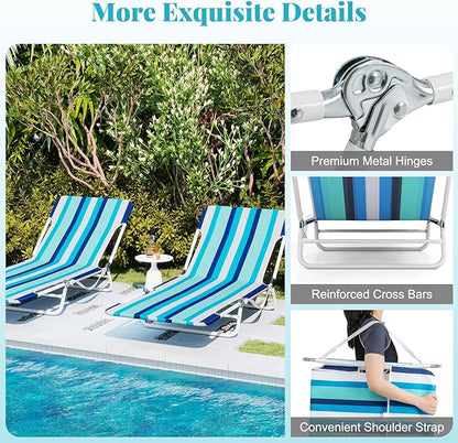 GYMAX Tanning Chair, 2Pcs Folding Beach Chairs with Adjustable Backrest, Footrest, 330lbs Capacity & Shoulder Strap, Portable Layout Sunbathing Loungers for Outside, Patio, Poolside (Blue Stripe)
