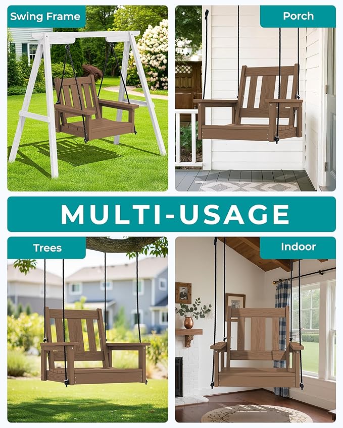 SERWALL HDPE Single Porch Swing Set of 2, Heavy Duty Single Person Swing Chair with 2 Polypropylene Hanging Ropes - Photo 4
