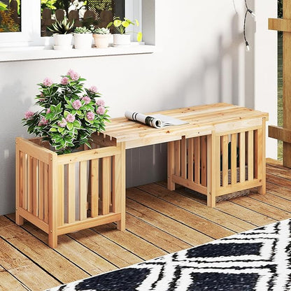 HAPPYGRILL Patio Wooden Bench with Planter, 2 Person Patio Bench with/ 2 Side Flower Box, Slot Design for Easy Assembly, Natural Fir Wood Frame, Outdoor Garden Bench Seat for Patio, Garden, Backyard