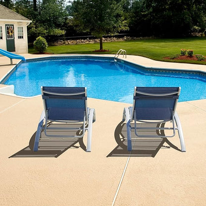 Domi Pool Lounge Chairs Set of 2, Aluminum Adjustable Outdoor Chaise Lounge, All Weather Poolside Chairs for Deck Lawn Poolside, Textilene (Navy Blue)