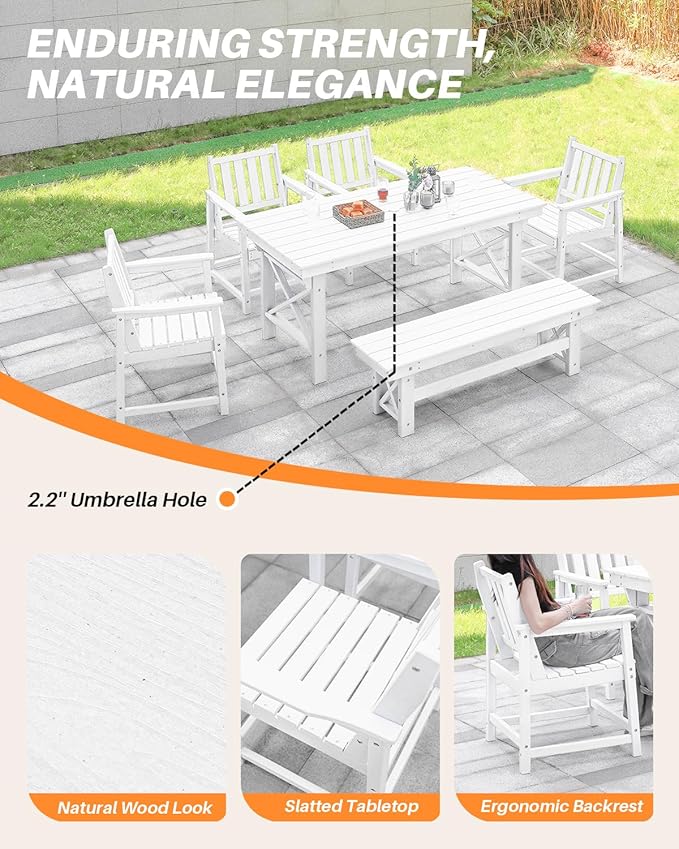 HDPE Outdoor Dining Set of 6, Patio Dining Table Set with 4 Chairs and 1 Bench - Photo 8