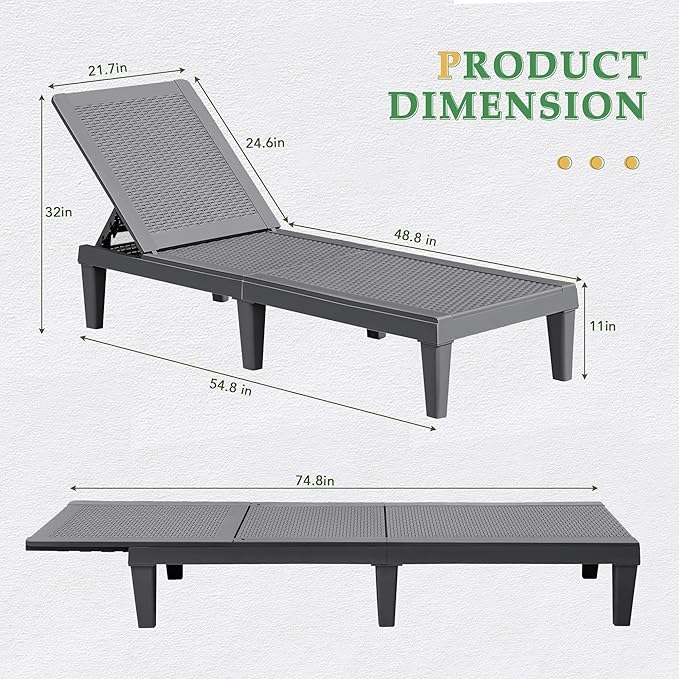JUMMICO Patio Chaise Lounge Chair Set of 2 Outdoor PE Waterproof Adjustable Easy Assembly Lounge Chairs for Outside Pool Garden Deck Beach (Grey, Set of 2)