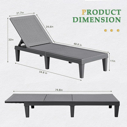JUMMICO Patio Chaise Lounge Chair Set of 2 Outdoor PE Waterproof Adjustable Easy Assembly Lounge Chairs for Outside Pool Garden Deck Beach (Grey, Set of 2)