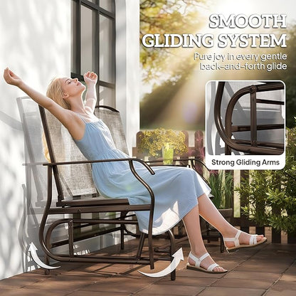 Outsunny Outdoor Glider Bench with Center Table, Metal Frame Patio Loveseat with Breathable Mesh Fabric and Armrests for Backyard Garden Porch, Brown