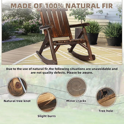 Outdoor Wooden Rocking Chair, Patio Rustic Adirondack Porch Rocker, All Weather Solid Wood Log Rocker Chair with High Back & Slatted Seat for Indoor, Backyard, Garden, Carbonized