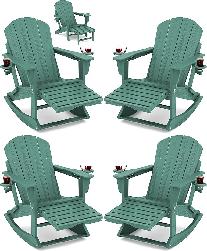KINGYES Adirondack Rocking Chair Set of 4 with Retractable Ottoman and Cup Holders, HDPE Adirondack Rocker Patio Rocking Chair for Porch, Patio, Balcony, Leaf Green
