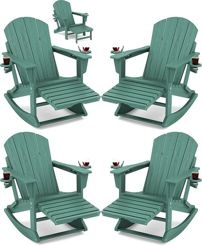 KINGYES Adirondack Rocking Chair Set of 4 with Retractable Ottoman and Cup Holders, HDPE Adirondack Rocker Patio Rocking Chair for Porch, Patio, Balcony, Leaf Green