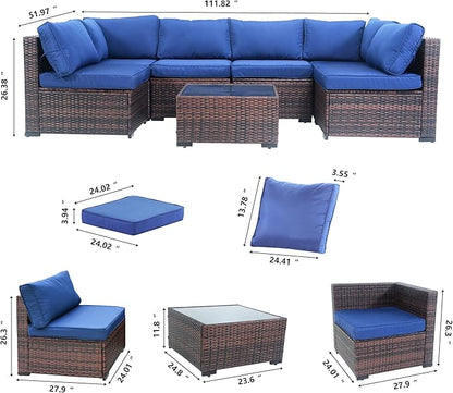 7 Piece Rattan Outdoor Patio Furniture Set, Weather-Resistant Outdoor Conversation Furniture with Ottoman, Outdoor Patio Modular Sofa Set with Thick Cushions and Backrest, Blue