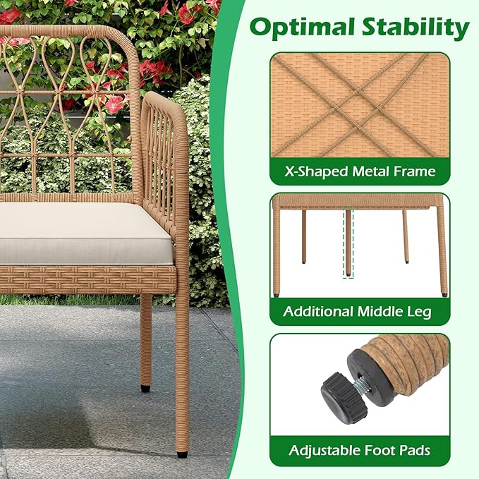 HAPPYGRILL Patio Rattan Loveseat, 2-Seat Wicker Chairs with Built-in Table, Outdoor Conversation Bench with Seat Cushions for Backyard, Front Porch, Garden