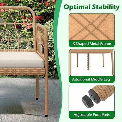 HAPPYGRILL Patio Rattan Loveseat, 2-Seat Wicker Chairs with Built-in Table, Outdoor Conversation Bench with Seat Cushions for Backyard, Front Porch, Garden