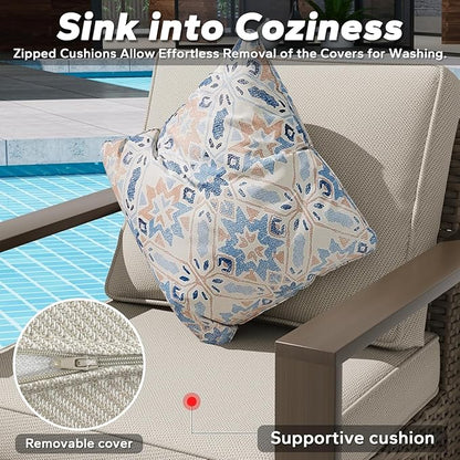 Outdoor Wicker Metal Chairs Set of 2 with Two Ottomans, 360 Degree Glider Rockers Armchairs, 4 Pieces Patio Bistro Set with Wood-Looking Metal Armrest for Poolside, Terrace, Beige