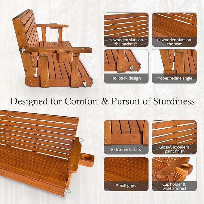 Wooden Porch Swing 3-Seater, Bench Swing with Cupholders, Hanging Chains and 7mm Springs, Heavy Duty 800 LBS - Photo 5