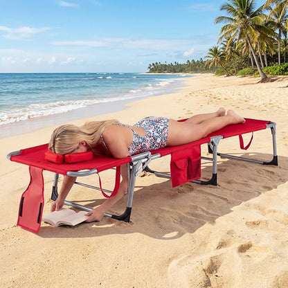 Giantex Face Down Tanning Chair, Folding Beach Lounge Chair w/ 4-Position Adjustable Backrest, Outdoor Sunbathing Lounge Chair w/Face Arm Holes & Storage Pocket for Patio Deck Poolside (2, Red)