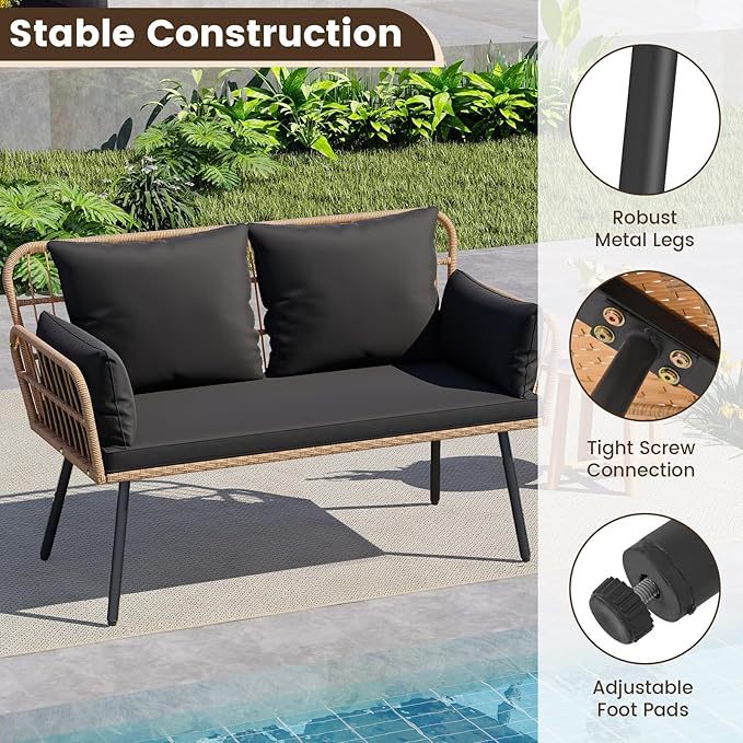 HAPPYGRILL Patio Loveseat Sofa Rattan Wicker 2-Seater Couch with Cushions & Lumbar Pillows, Metal Legs, Outdoor Furniture for Balcony, Porch, Deck (Black)