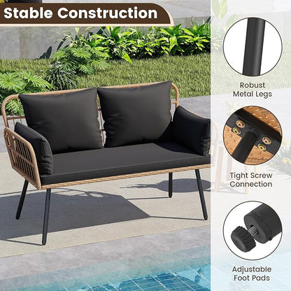 HAPPYGRILL Patio Loveseat Sofa Rattan Wicker 2-Seater Couch with Cushions & Lumbar Pillows, Metal Legs, Outdoor Furniture for Balcony, Porch, Deck (Black)