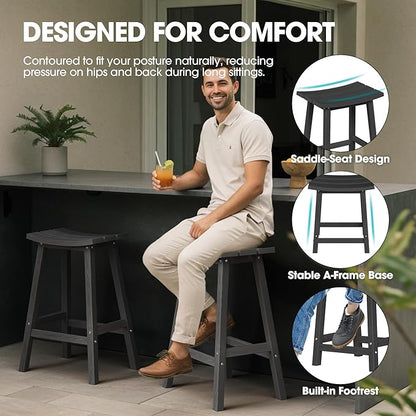 Ciokea 3 Pcs Space-Saving Round Bistro Set, High-Top Outdoor Bar Set with Storage Shelf & 2 Saddle Stools, Compact Patio Furniture for Small Balcony, Porch and Poolside, All-Weather HDPE, Black