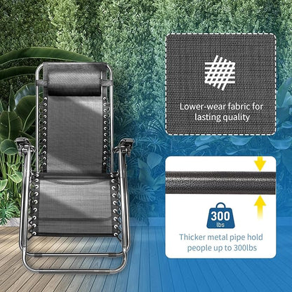 Bonnlo Zero Gravity Chair Set of 2 Patio Folding Lounge Chairs Outdoor Recliners with Pillow and Cup Holder Adjustable Reclining Lawn Chair for Deck,Patio,Beach,Yard (Black)